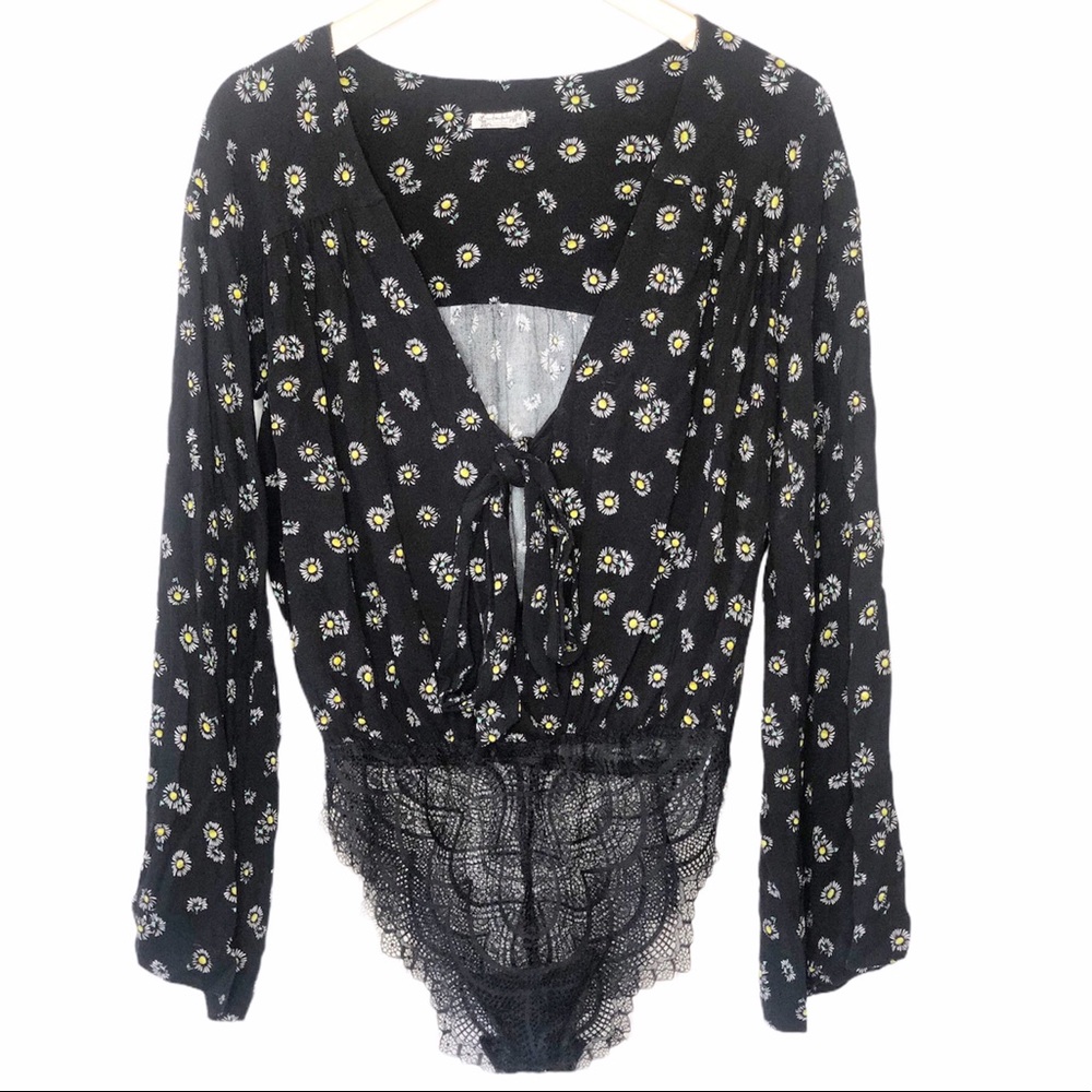 Free People Intimately Black Floral Bodysuit Size Small